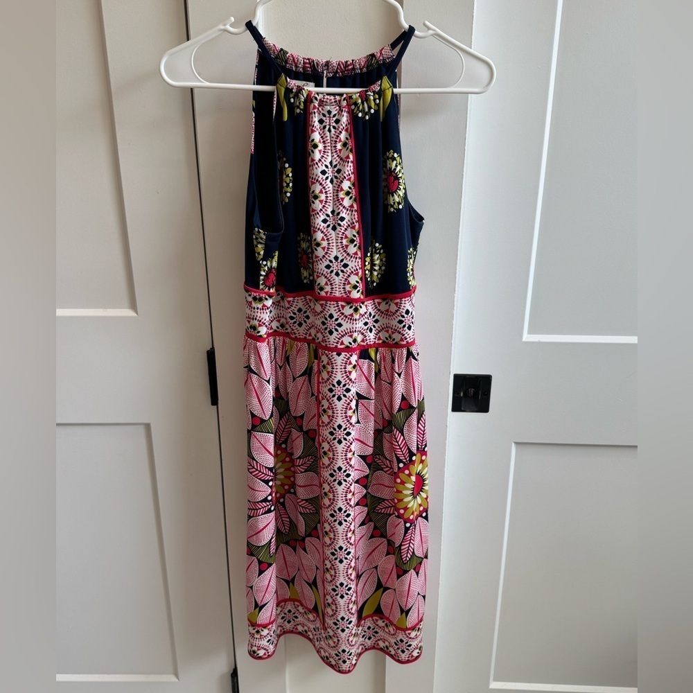 Maggie L Pink Navy Floral Sundress Halter Neckline​​​​